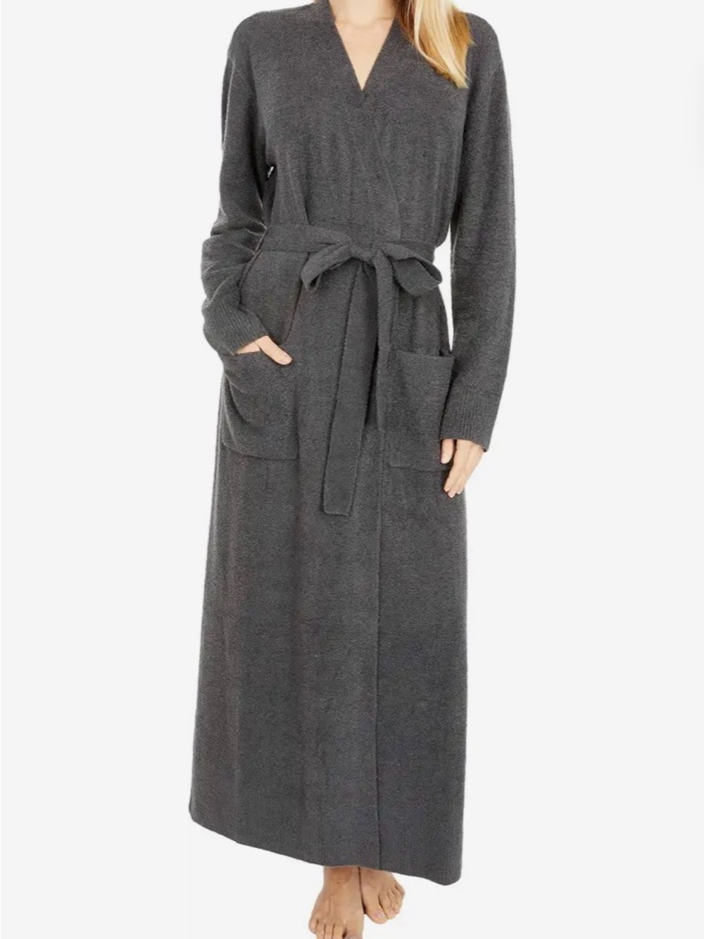 Barefoot Dreams CozyChic Ultra Lite Charcoal Plush Long Robe with Tie Belt